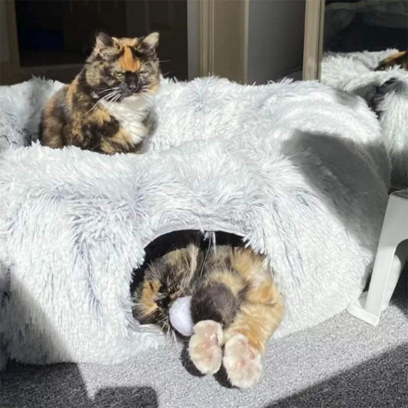 Plush Cat Bed with Fluffy Donut Tunnel