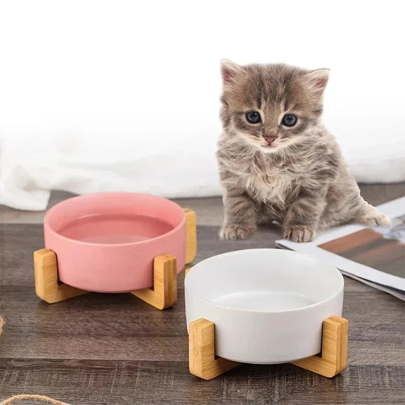 Wood stand ceramic pet bowl