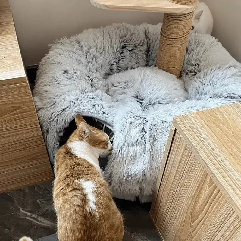 Plush Cat Bed with Fluffy Donut Tunnel