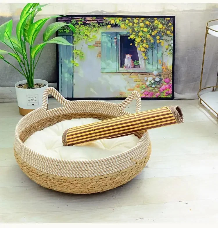 Washable Woven Rattan Cat Bed