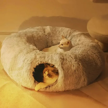 Plush Cat Bed with Fluffy Donut Tunnel