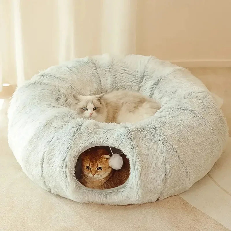 Plush Cat Bed with Fluffy Donut Tunnel