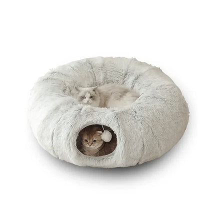 Plush Cat Bed with Fluffy Donut Tunnel