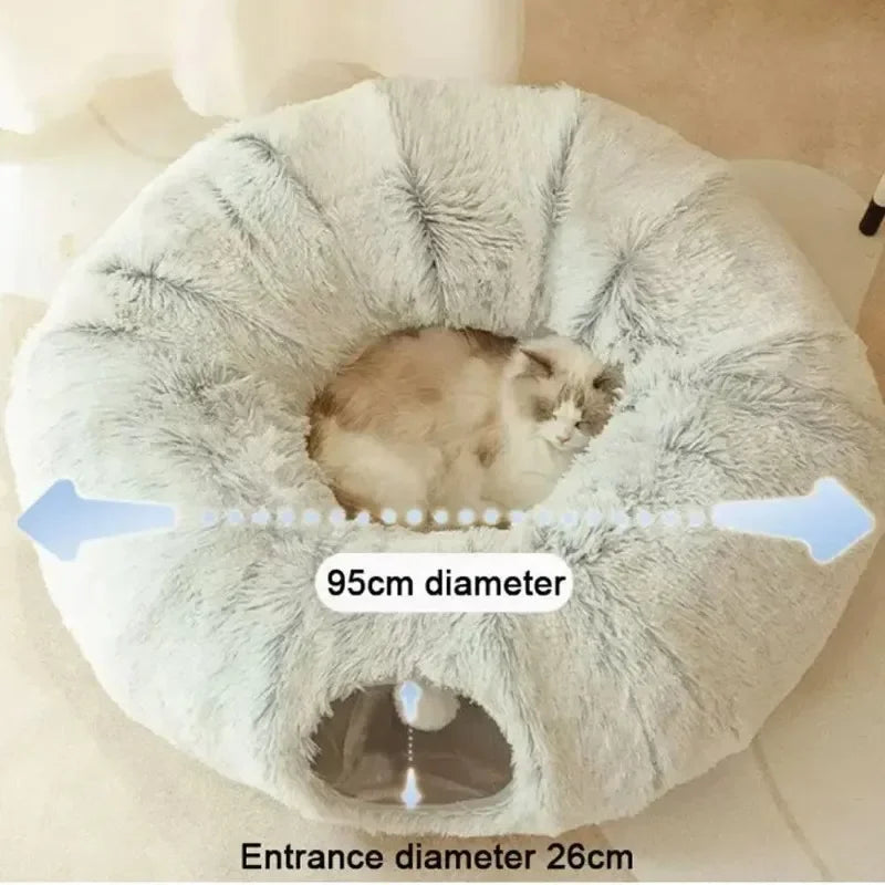 Plush Cat Bed with Fluffy Donut Tunnel