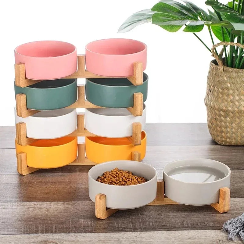 Ceramic pet bowl with wood stand