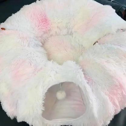 Plush Cat Bed with Fluffy Donut Tunnel