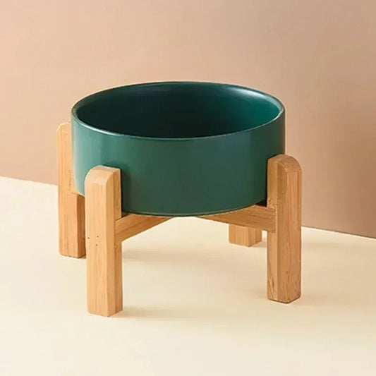 Elevated Ceramic Big Dogs Bowl with Wooden Stand