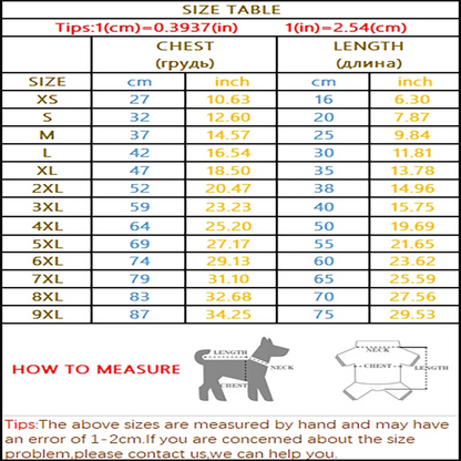 Autumn winter dog hoodies size table